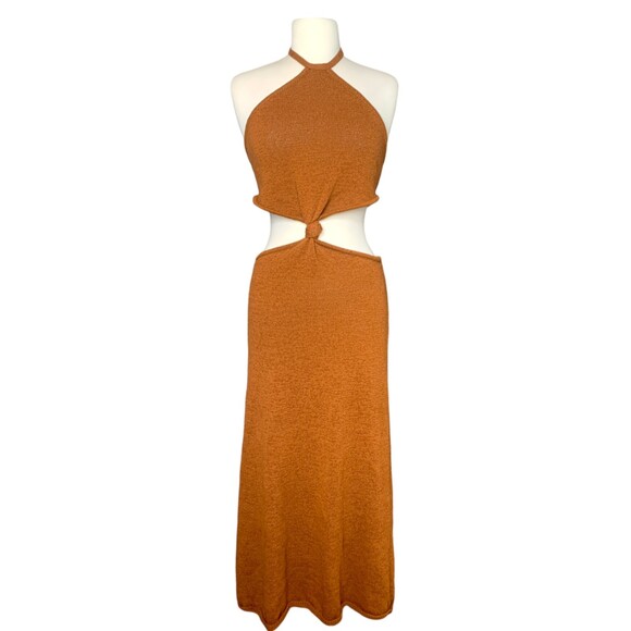 Cult Gaia Cameron Halter Knit Cutout Midi Dress in Amber Large Knotted Waist - Picture 2 of 14